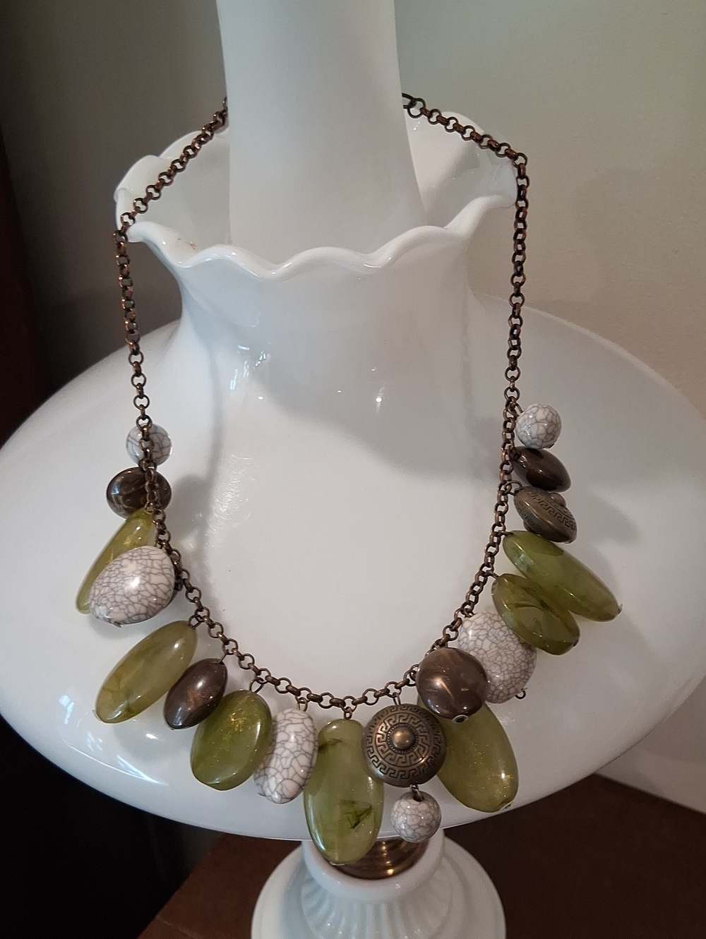 Olive Green and White Bead Statement Necklace